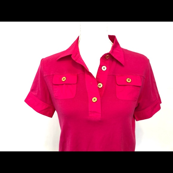 Chaps Blouse Sz M Pink V-Neck, Gold Button Accent Top, Short Sleeves - Picture 2 of 5